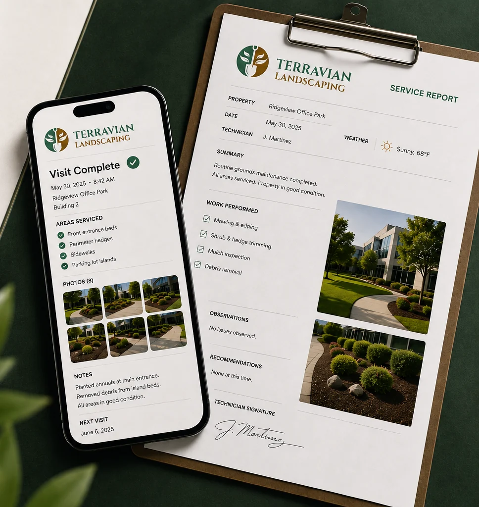 A sample Terravian service report: a phone showing a completed visit with photos, beside a printed report on a clipboard