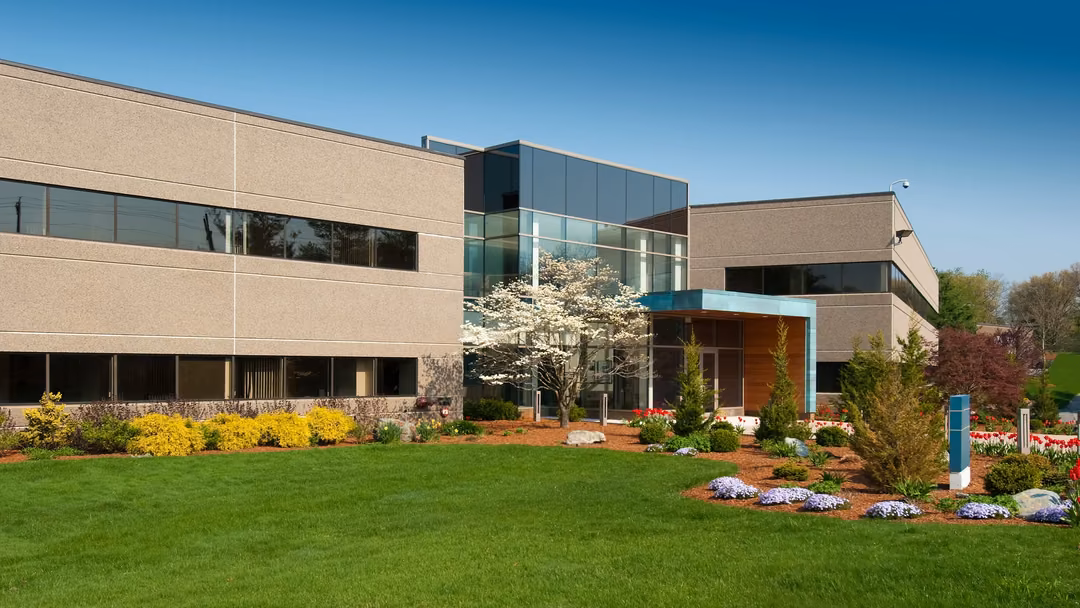 Commercial office building entrance framed by professionally maintained planting beds, flowering trees, and a manicured green lawn