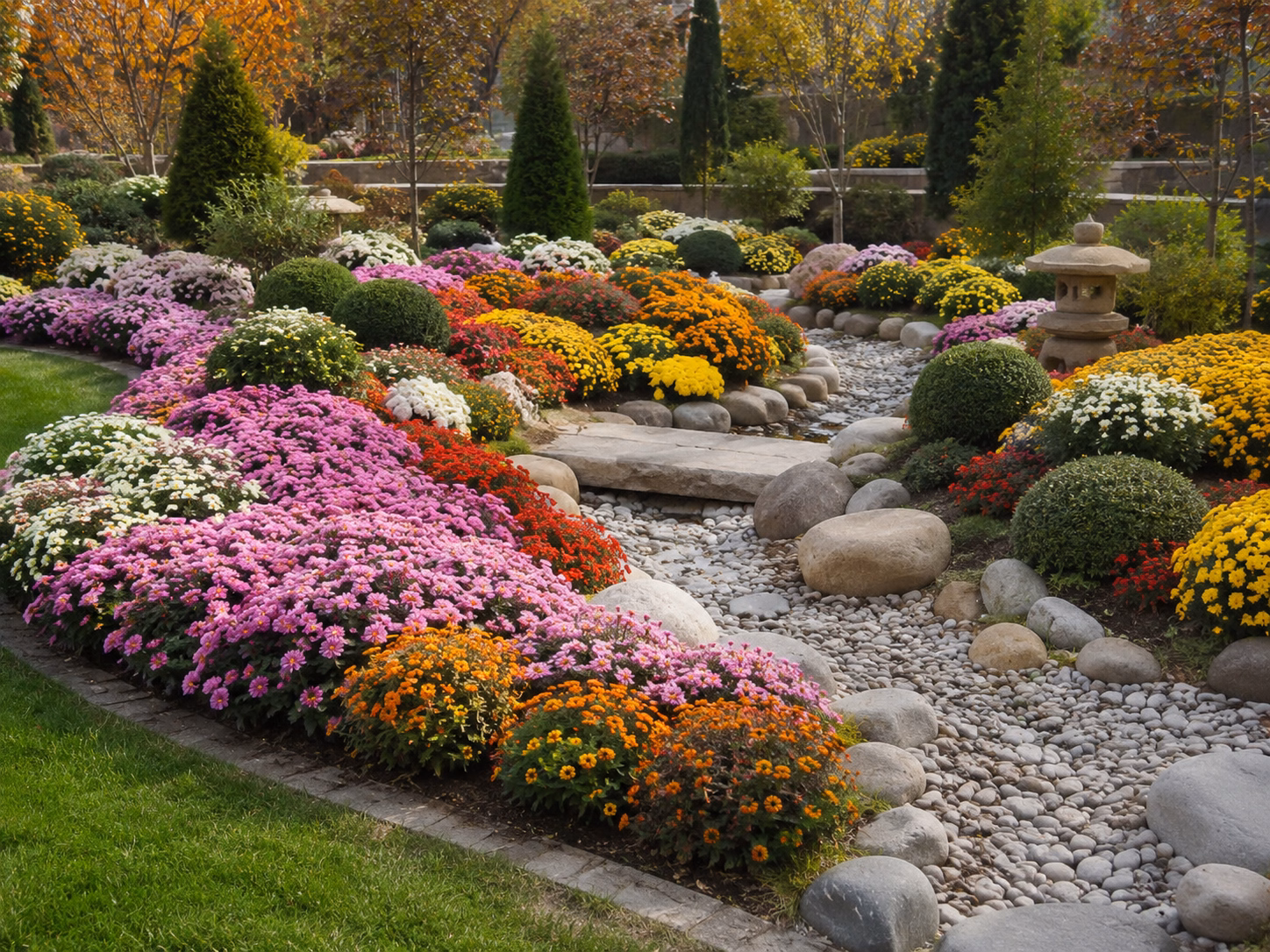 Fall — chrysanthemums banked along a stone rill
