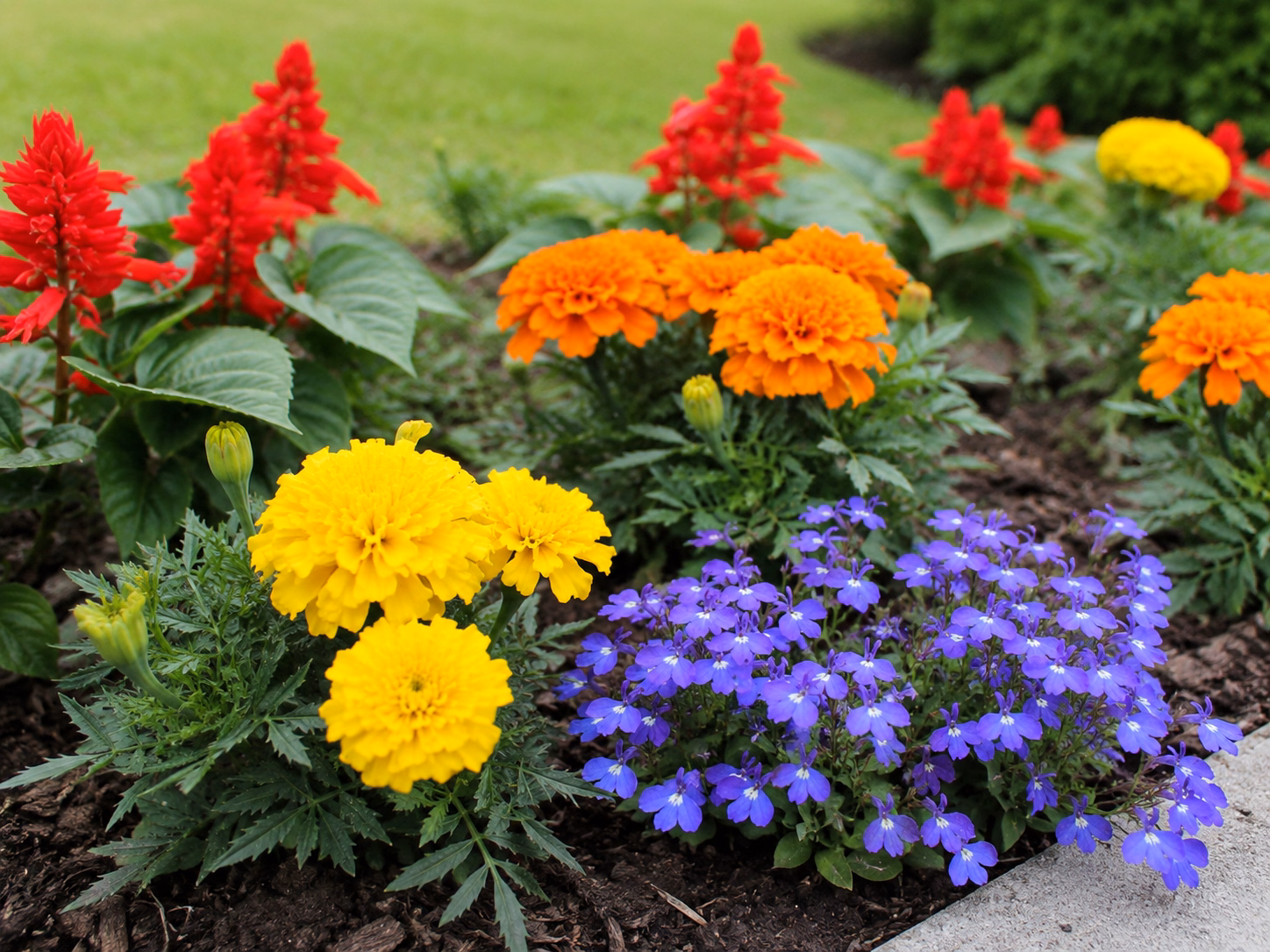 Summer — marigolds, red salvia, and lobelia in a condominium bed