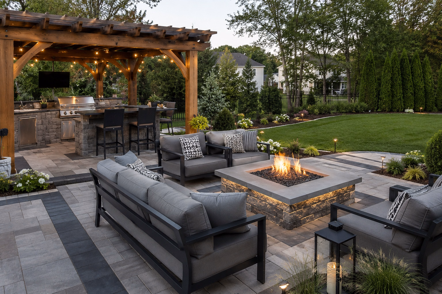 Paver patio with a square stone fire pit, lounge seating, and a pergola-covered outdoor kitchen at dusk