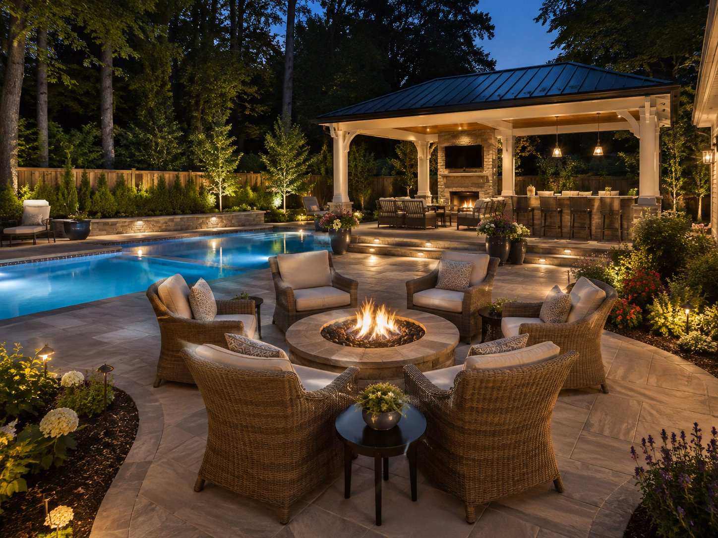 Round stone fire pit with wicker lounge chairs in a circle beside a lit pool at night