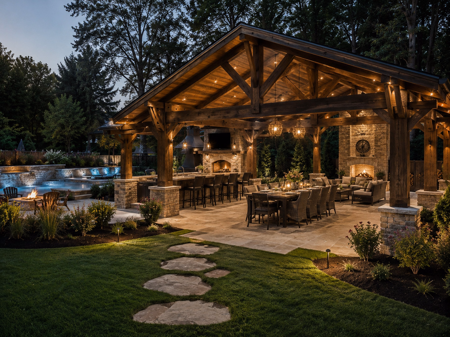 Timber-frame pavilion with an outdoor kitchen, bar seating, and a stone fireplace beside a pool at dusk